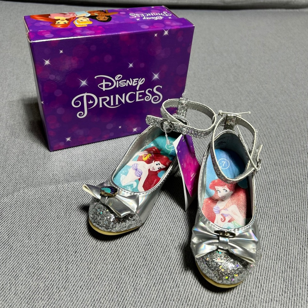 Disney Princess Girls Ariel Silver Glitter Dress Shoes Size 7 Little Mermaid Bow